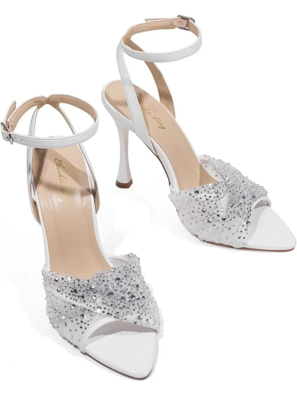 Women's White Mesh Rhinestone 4 Inch Strappy High Heels Sandals Pointed Open Toe